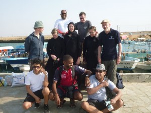 Figure 6: Saudi–British Dive Team prior to their first collaborative dive: Top: Waleed Mozayen, Garry Momber; Middle: Brandon Mason, Janet Gillespie, Christin Mason, Lauren Tidbury, Geoff Bailey; Bottom: Faris Hamzi, Abdullah Al Haiti, Jumah Al Sadiq (Photo: Muzna Bailey: 2014).