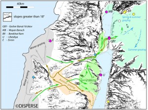 Fig. 3. Reconstruction of large mammal movements in the Galilee region. Compiled by: D. Sturdy, G. King, M. Devès